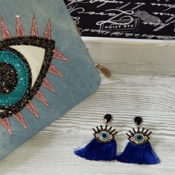 Gorgeous Evil Eye👁 Blue Tassel Drop Earrings - Picture 2 of 3